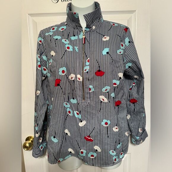 Tommy Hilfiger Sz XL Poppy Floral Red White Blue Striped Half Zip Blouse - Picture 1 of 10